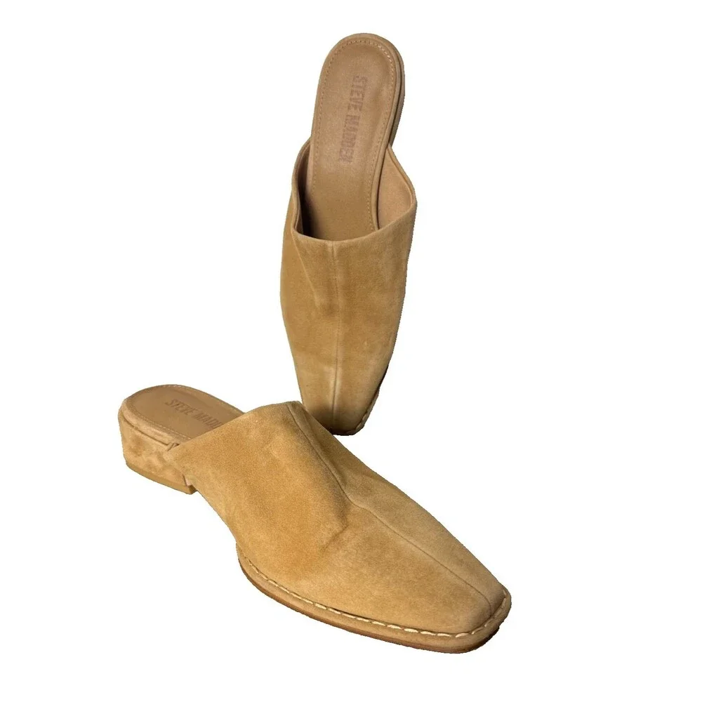 Steve Madden Tan Suede Mules Women’s 7.5M Square Toe Low Heel Western Minimalist